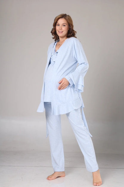 Uzun Kollu Yumuşak Dokulu Sabahlıklı Kruvaze Lohusa Pijama Takımı Mavi - 1012