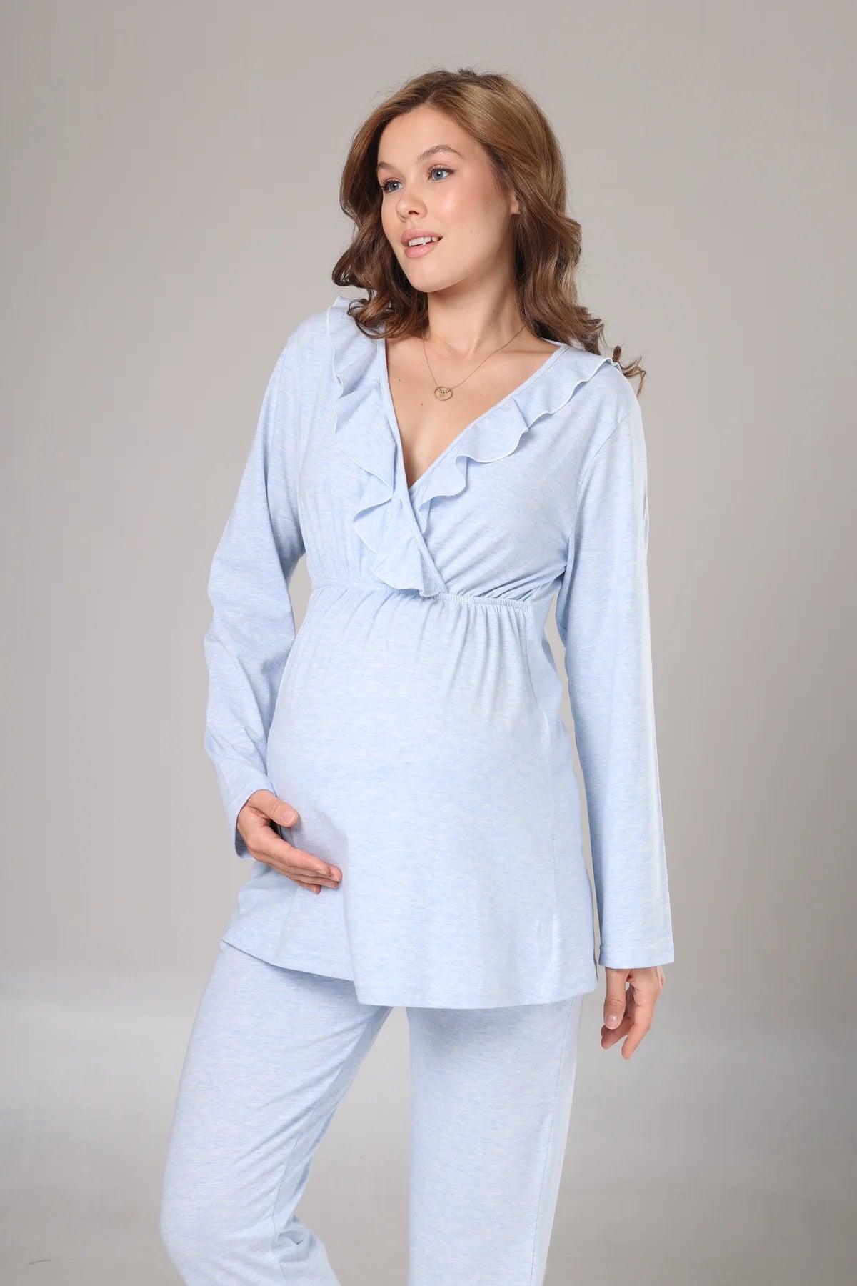 Uzun Kollu Yumuşak Dokulu Sabahlıklı Kruvaze Lohusa Pijama Takımı Mavi - 1012