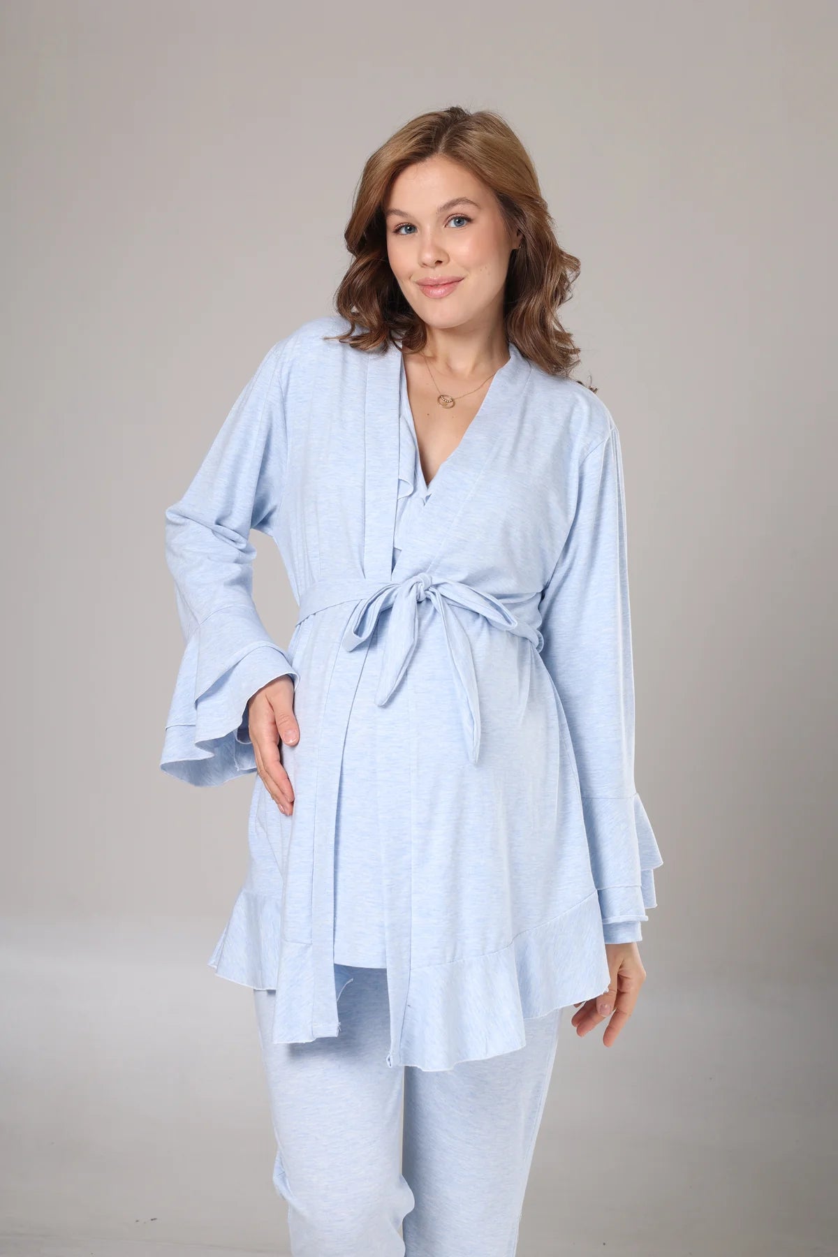 Uzun Kollu Yumuşak Dokulu Sabahlıklı Kruvaze Lohusa Pijama Takımı Mavi - 1012