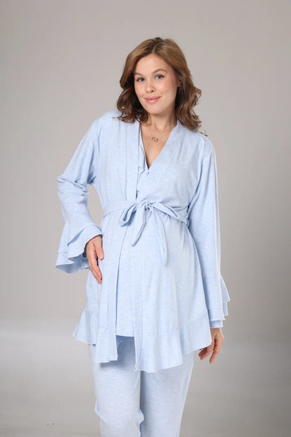 Uzun Kollu Yumuşak Dokulu Sabahlıklı Kruvaze Lohusa Pijama Takımı Mavi - 1012