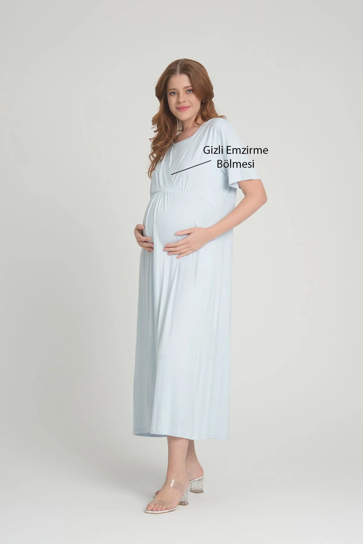 Sabahlıklı Kruvaze Lohusa Hamile Gecelik Takımı  Mavi - 2390