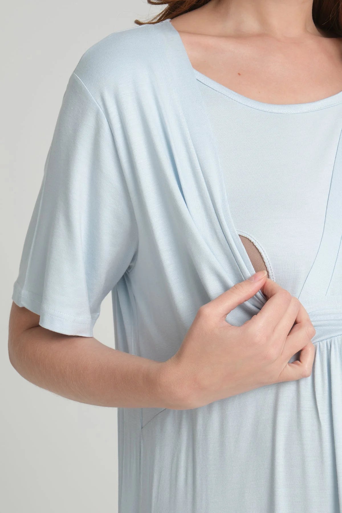 Sabahlıklı Kruvaze Lohusa Hamile Gecelik Takımı  Mavi - 2390