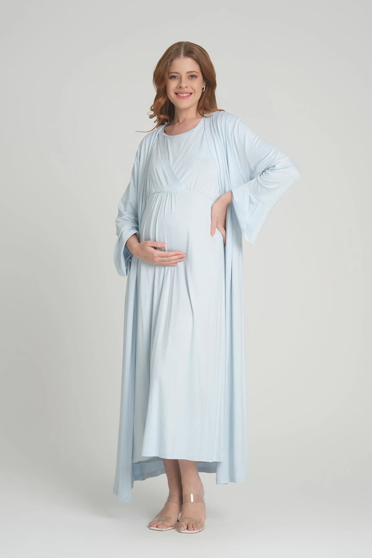 Sabahlıklı Kruvaze Lohusa Hamile Gecelik Takımı  Mavi - 2390