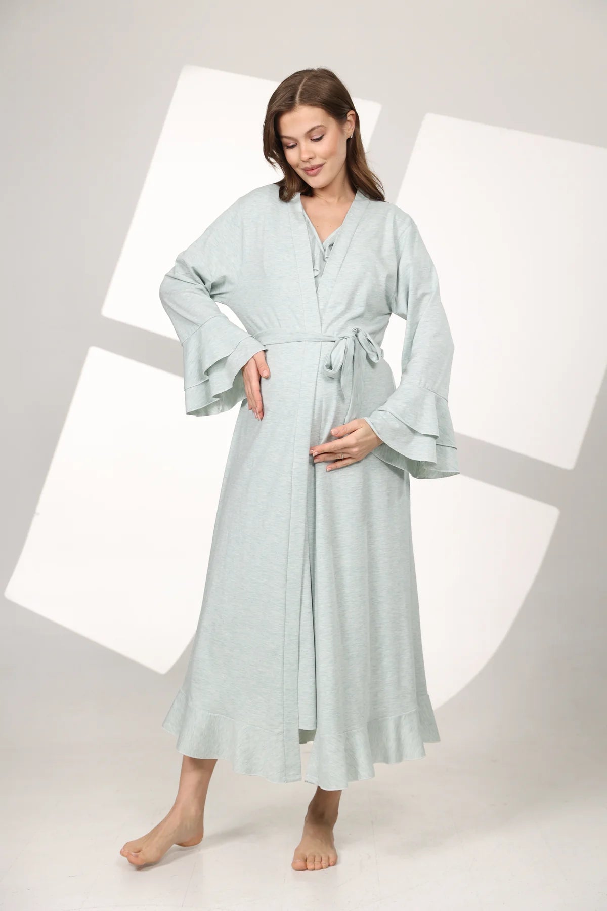 Yumuşak Dokulu Kruvaze Sabahlıklı Lohusa Hamile Gecelik Takımı Su Yeşili -  590