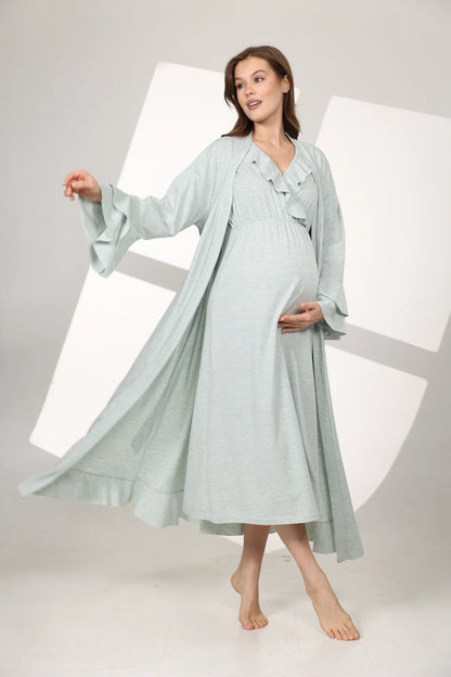 Yumuşak Dokulu Kruvaze Sabahlıklı Lohusa Hamile Gecelik Takımı Su Yeşili -  590