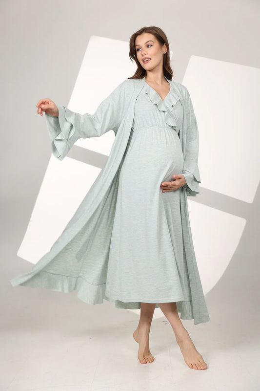 Yumuşak Dokulu Kruvaze Sabahlıklı Lohusa Hamile Gecelik Takımı Su Yeşili -  590