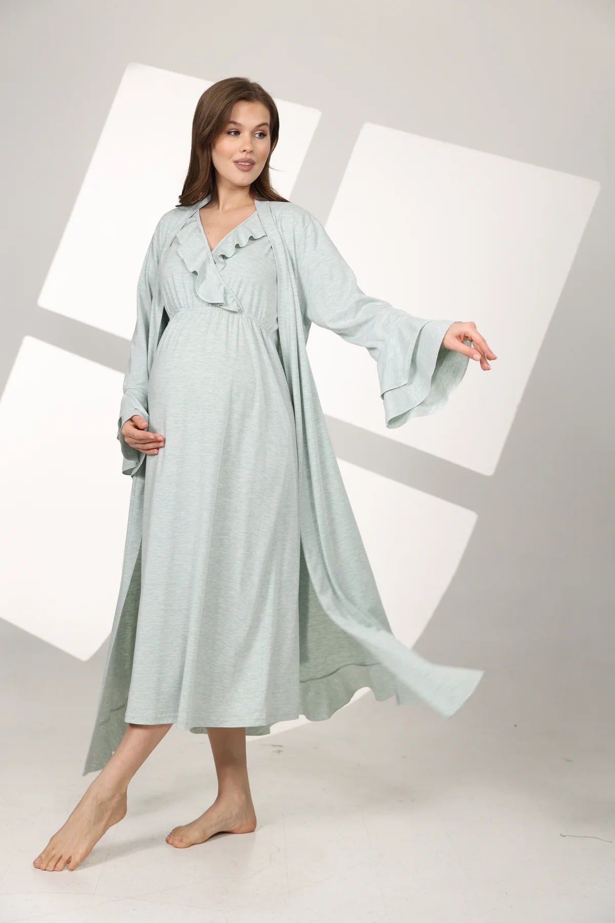 Yumuşak Dokulu Kruvaze Sabahlıklı Lohusa Hamile Gecelik Takımı Su Yeşili -  590