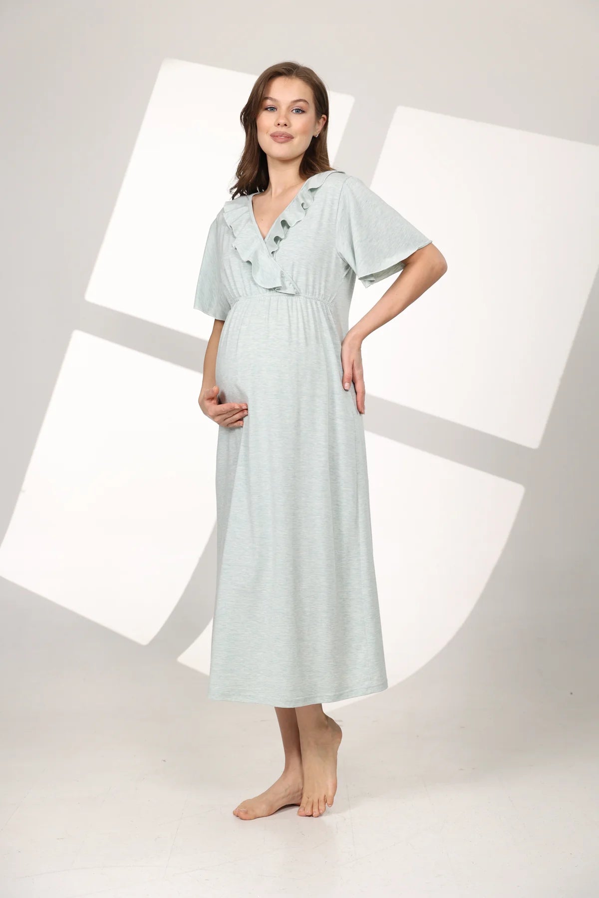 Yumuşak Dokulu Kruvaze Sabahlıklı Lohusa Hamile Gecelik Takımı Su Yeşili -  590