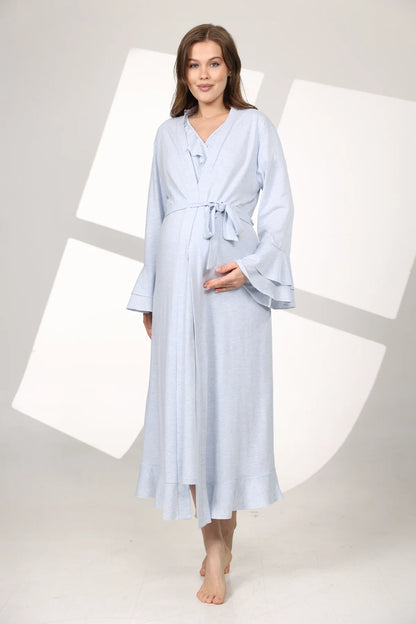 Yumuşak Dokulu Kruvaze Sabahlıklı Lohusa Hamile  Gecelik Takımı Mavi  - 589