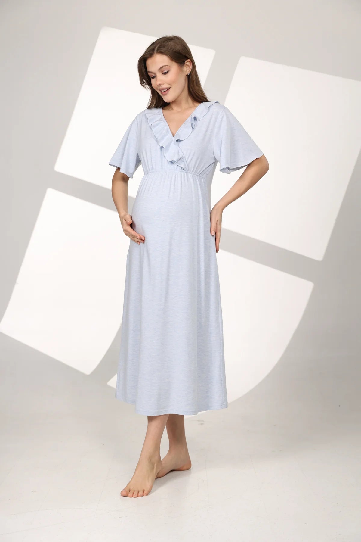 Yumuşak Dokulu Kruvaze Sabahlıklı Lohusa Hamile  Gecelik Takımı Mavi  - 589