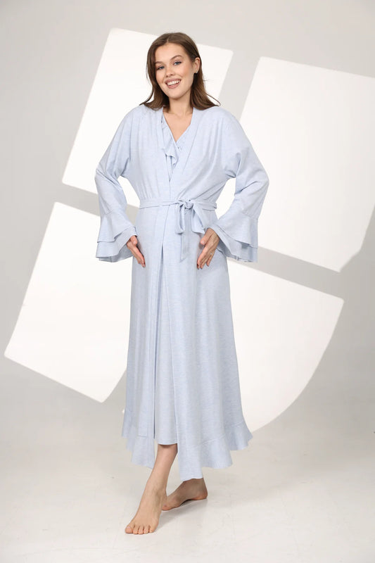 Yumuşak Dokulu Kruvaze Sabahlıklı Lohusa Hamile  Gecelik Takımı Mavi  - 589