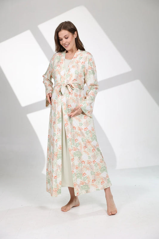 Çiçek Desenli Sabahlıklı Lohusa Hamile Gecelik Takımı  Mint Yeşili  - 704