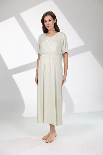 Çiçek Desenli Sabahlıklı Lohusa Hamile Gecelik Takımı  Mint Yeşili  - 704