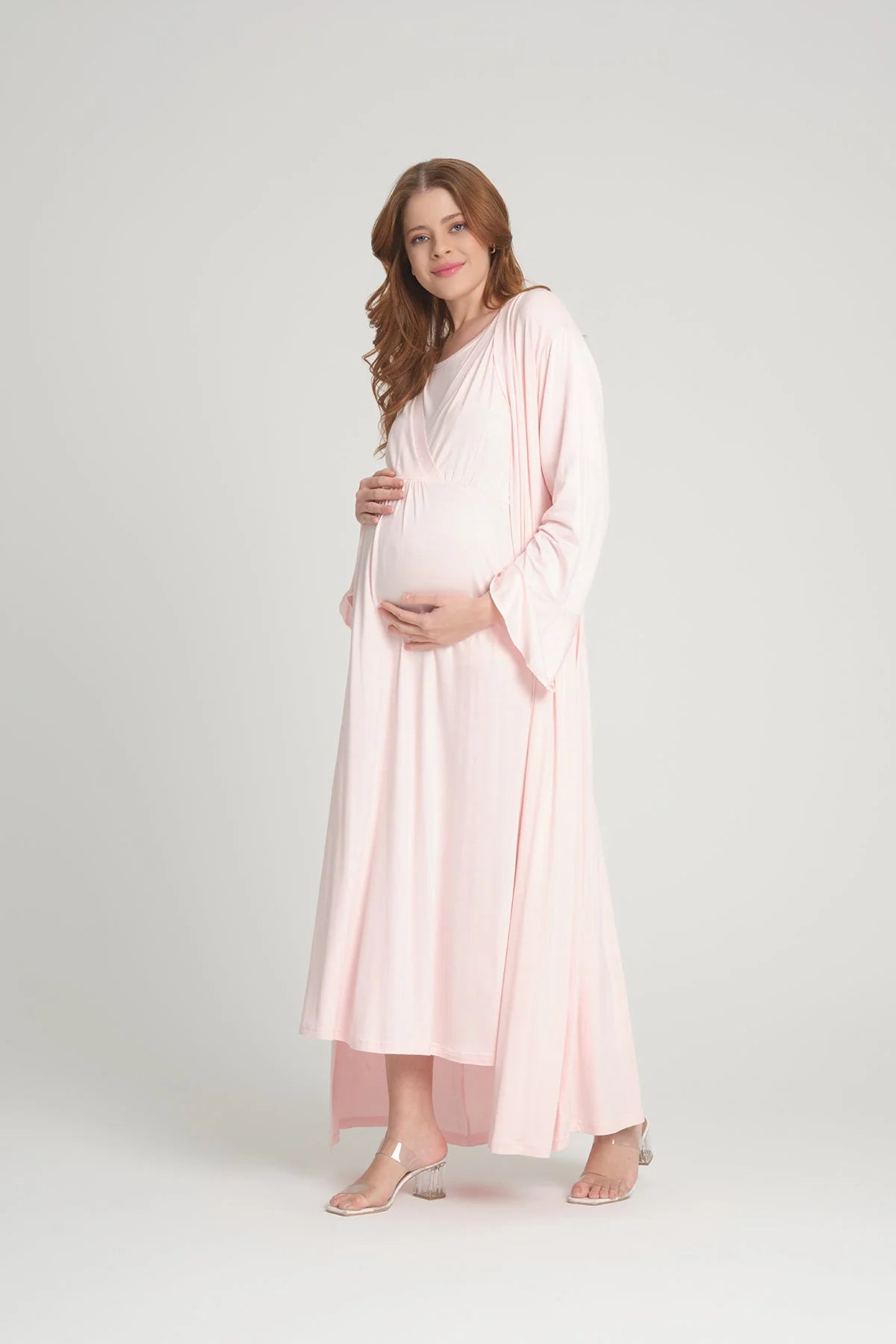 Sabahlıklı Kruvaze Lohusa Hamile Gecelik Takımı  Pembe - 2403