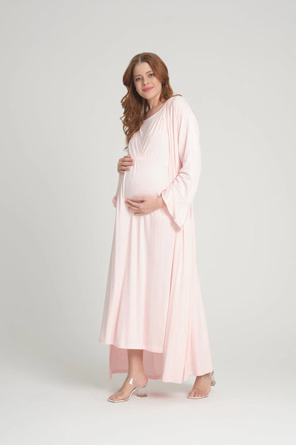 Sabahlıklı Kruvaze Lohusa Hamile Gecelik Takımı  Pembe - 2403