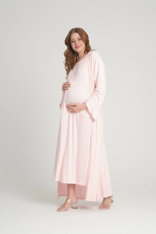 Sabahlıklı Kruvaze Lohusa Hamile Gecelik Takımı  Pembe - 2403