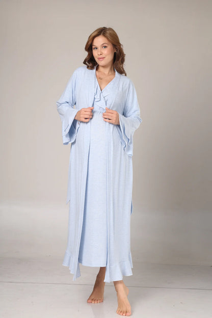Uzun Kollu Yumuşak Dokulu Kruvaze Sabahlıklı Lohusa Gecelik Takımı Mavi -1029
