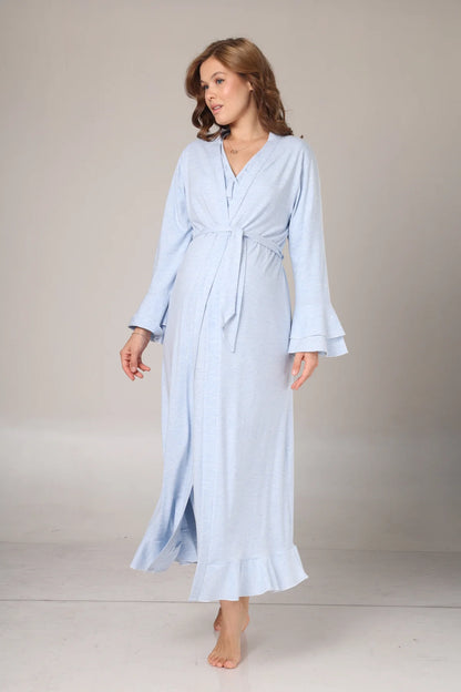 Uzun Kollu Yumuşak Dokulu Kruvaze Sabahlıklı Lohusa Gecelik Takımı Mavi -1029
