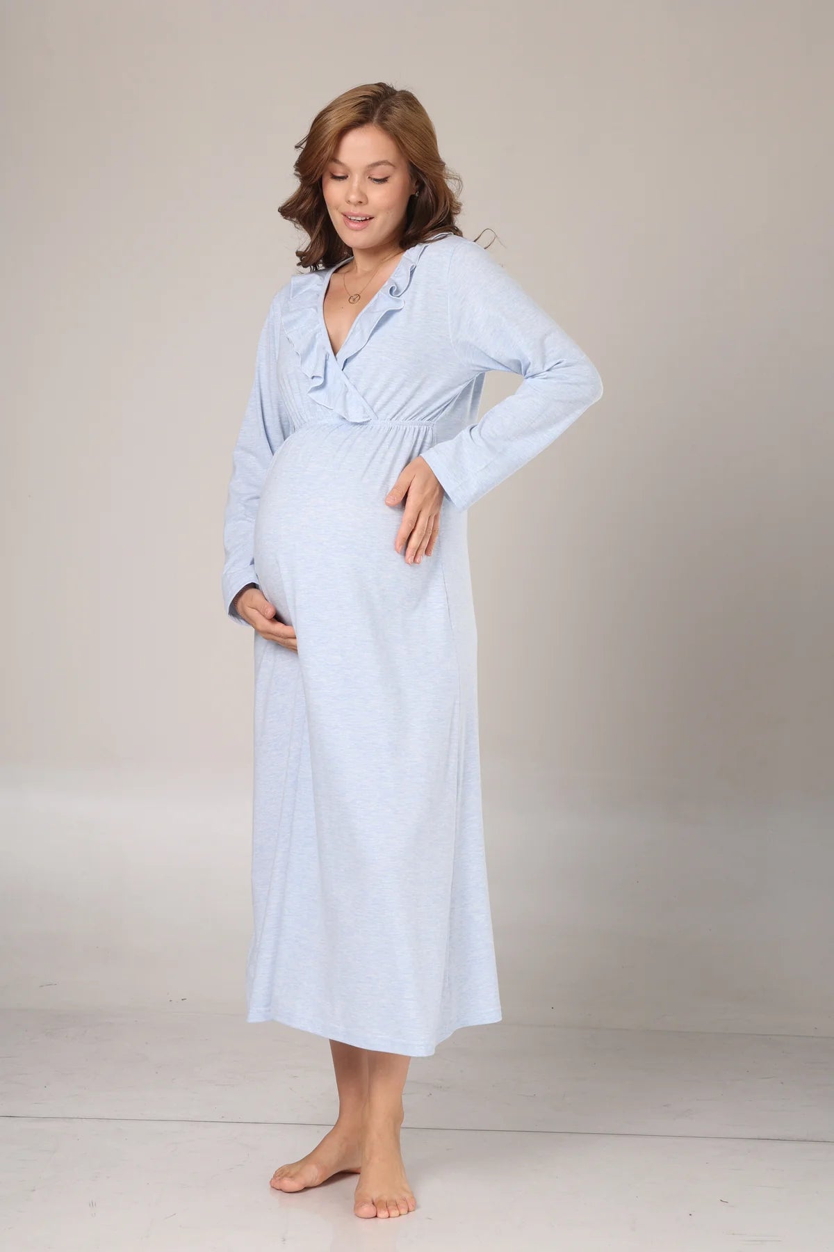 Uzun Kollu Yumuşak Dokulu Kruvaze Sabahlıklı Lohusa Gecelik Takımı Mavi -1029