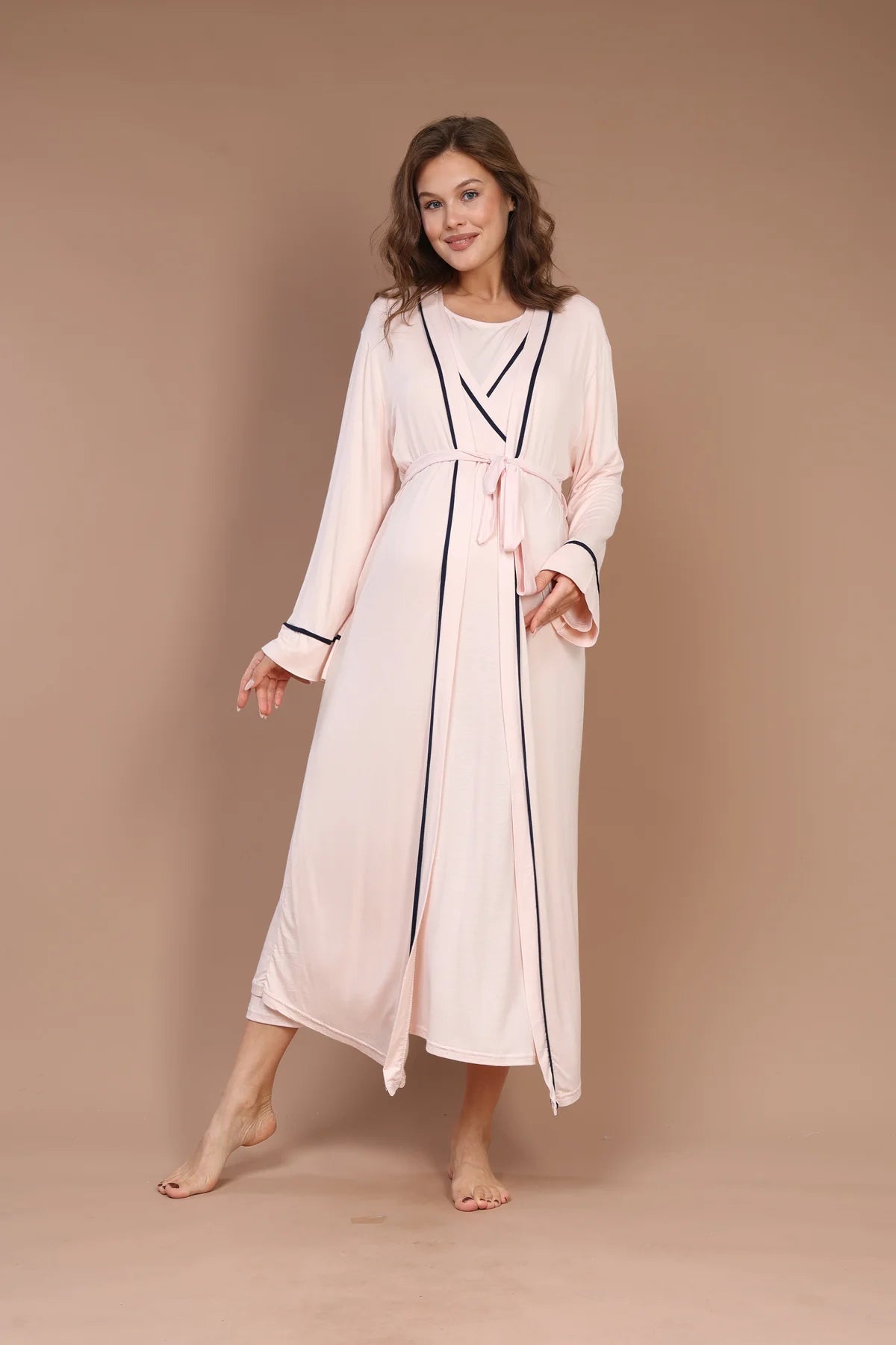 Gizli Emzirme Özellikli Biyeli Sabahlıklı Lohusa Gecelik Takımı Pembe- 543