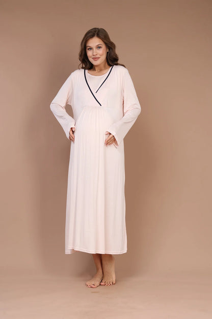 Gizli Emzirme Özellikli Biyeli Sabahlıklı Lohusa Gecelik Takımı Pembe- 543