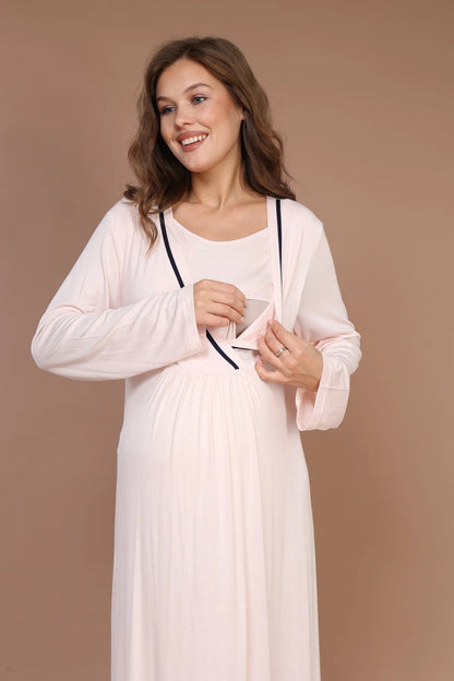 Gizli Emzirme Özellikli Biyeli Sabahlıklı Lohusa Gecelik Takımı Pembe- 543