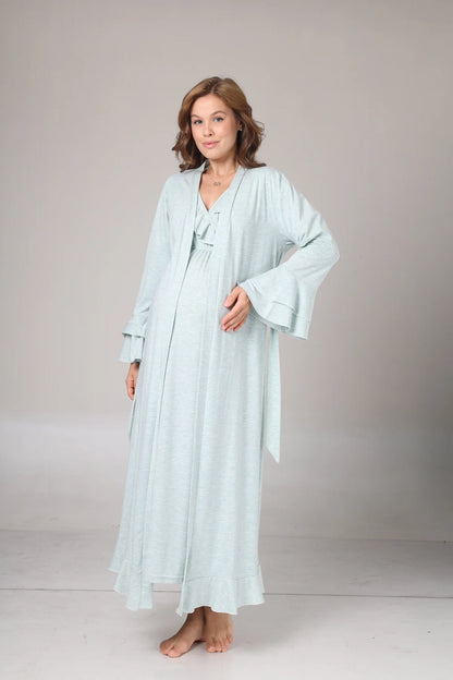 Uzun Kollu Kruvaze Sabahlıklı Lohusa Gecelik Takımı Su Yeşili -1027