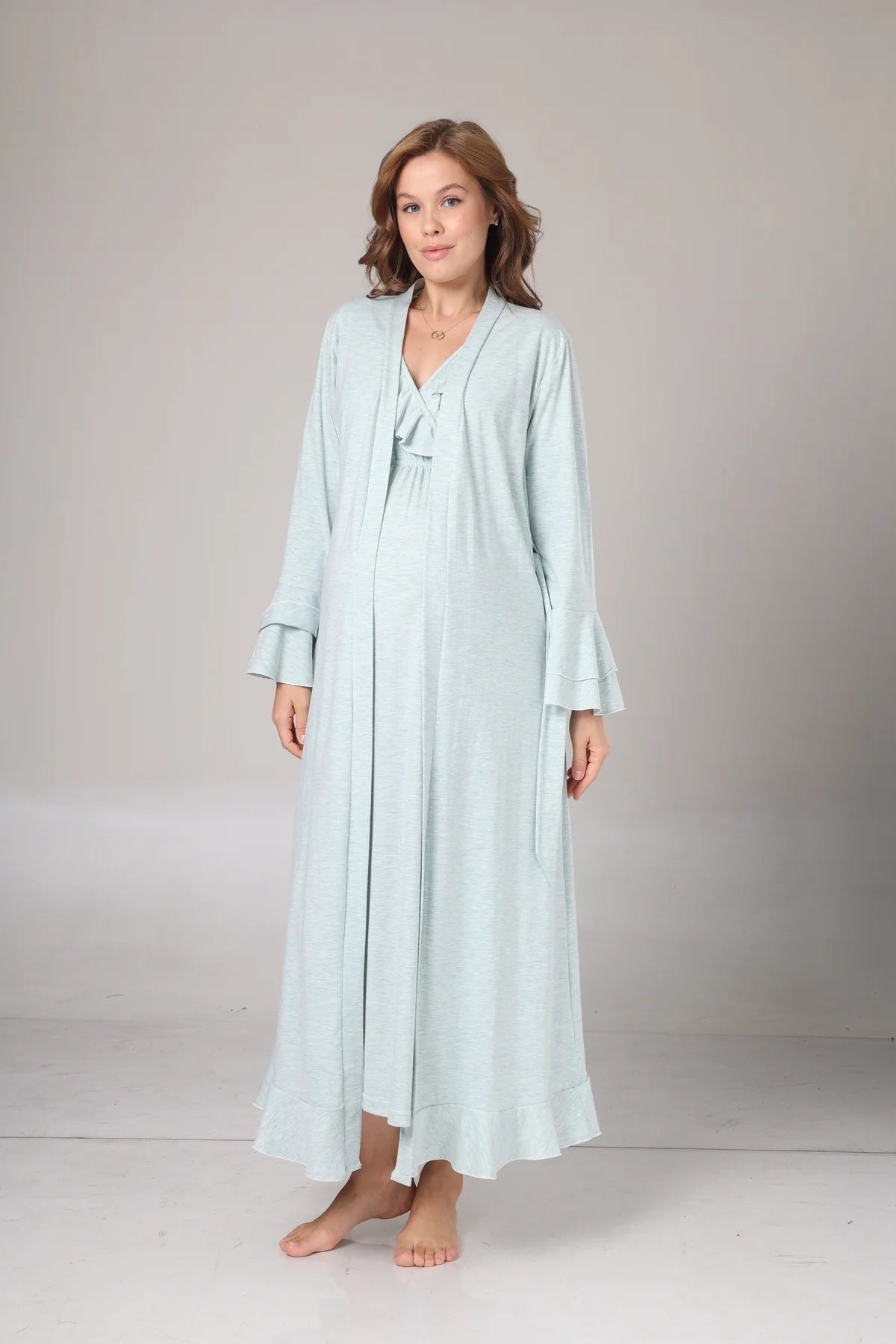 Uzun Kollu Kruvaze Sabahlıklı Lohusa Gecelik Takımı Su Yeşili -1027