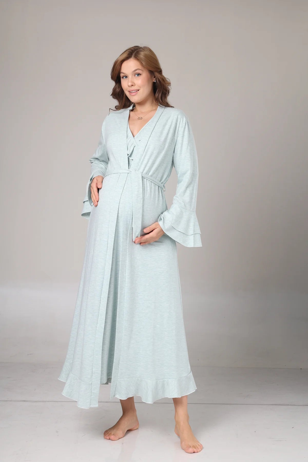 Uzun Kollu Kruvaze Sabahlıklı Lohusa Gecelik Takımı Su Yeşili -1027