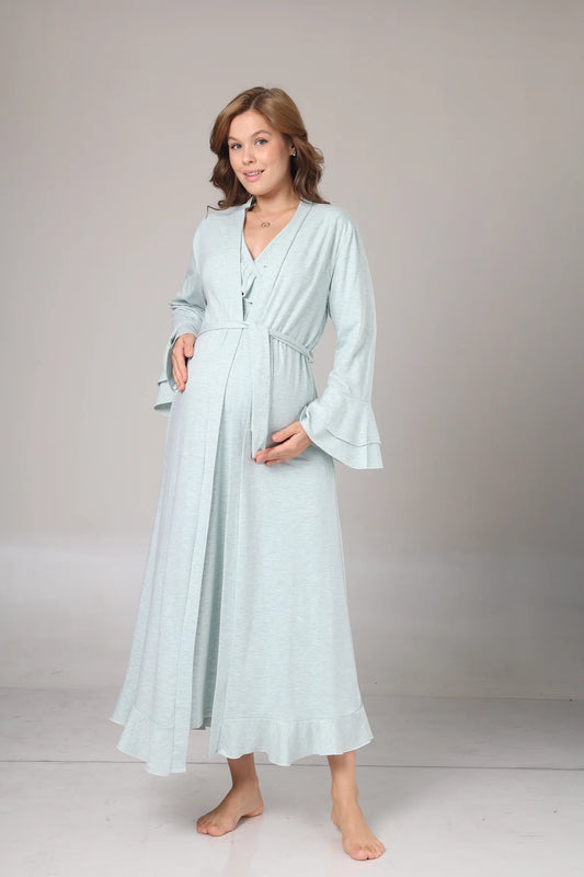 Uzun Kollu Kruvaze Sabahlıklı Lohusa Gecelik Takımı Su Yeşili -1027