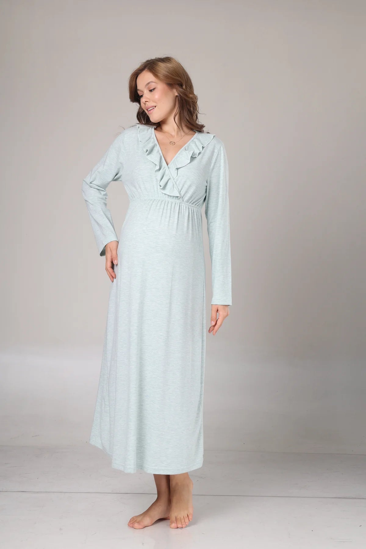 Uzun Kollu Kruvaze Sabahlıklı Lohusa Gecelik Takımı Su Yeşili -1027