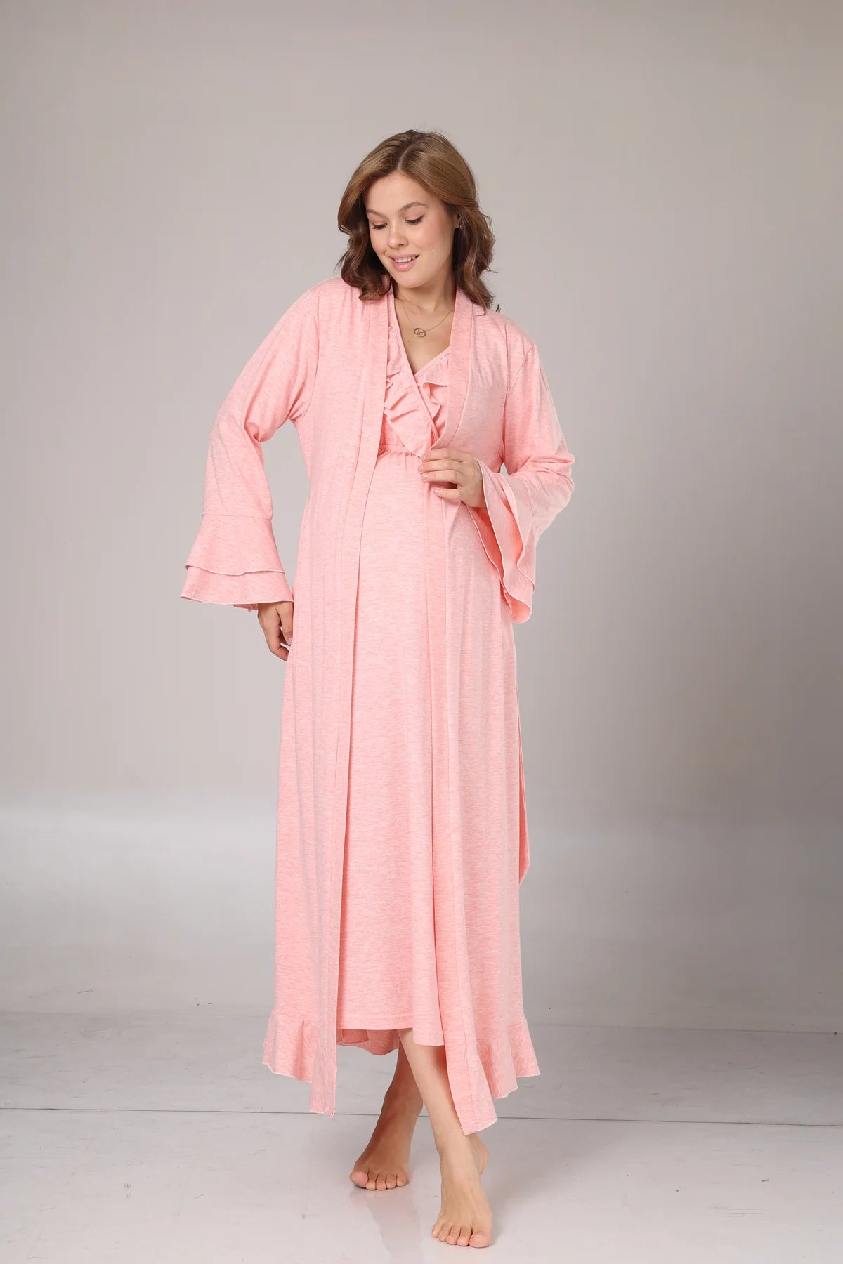 Uzun Kollu Yumuşak Dokulu Kruvaze Sabahlıklı Lohusa Gecelik Takımı Pembe-1028
