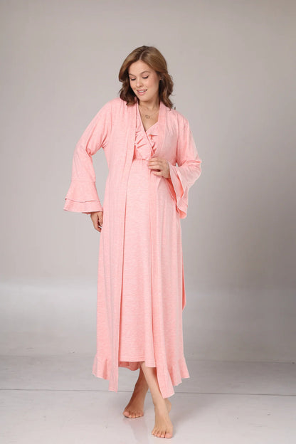 Uzun Kollu Yumuşak Dokulu Kruvaze Sabahlıklı Lohusa Gecelik Takımı Pembe-1028