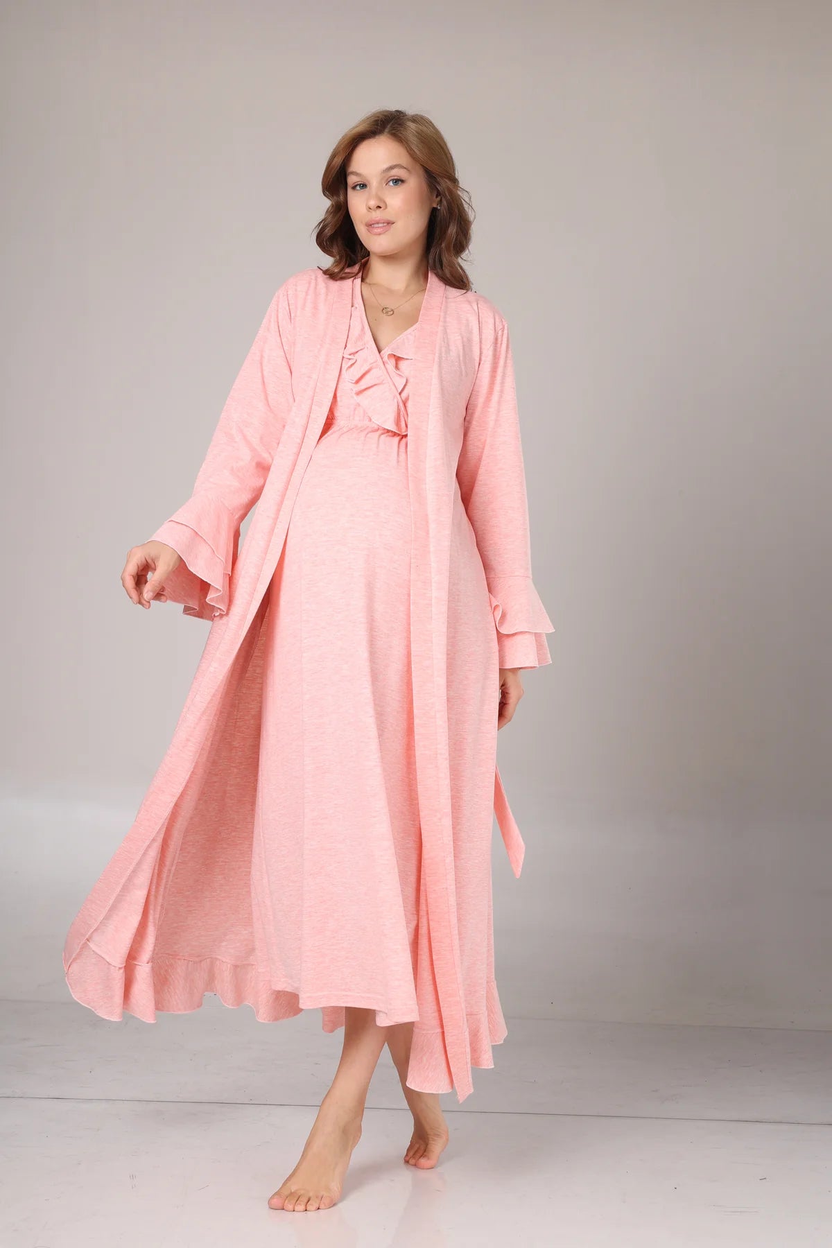 Uzun Kollu Yumuşak Dokulu Kruvaze Sabahlıklı Lohusa Gecelik Takımı Pembe-1028