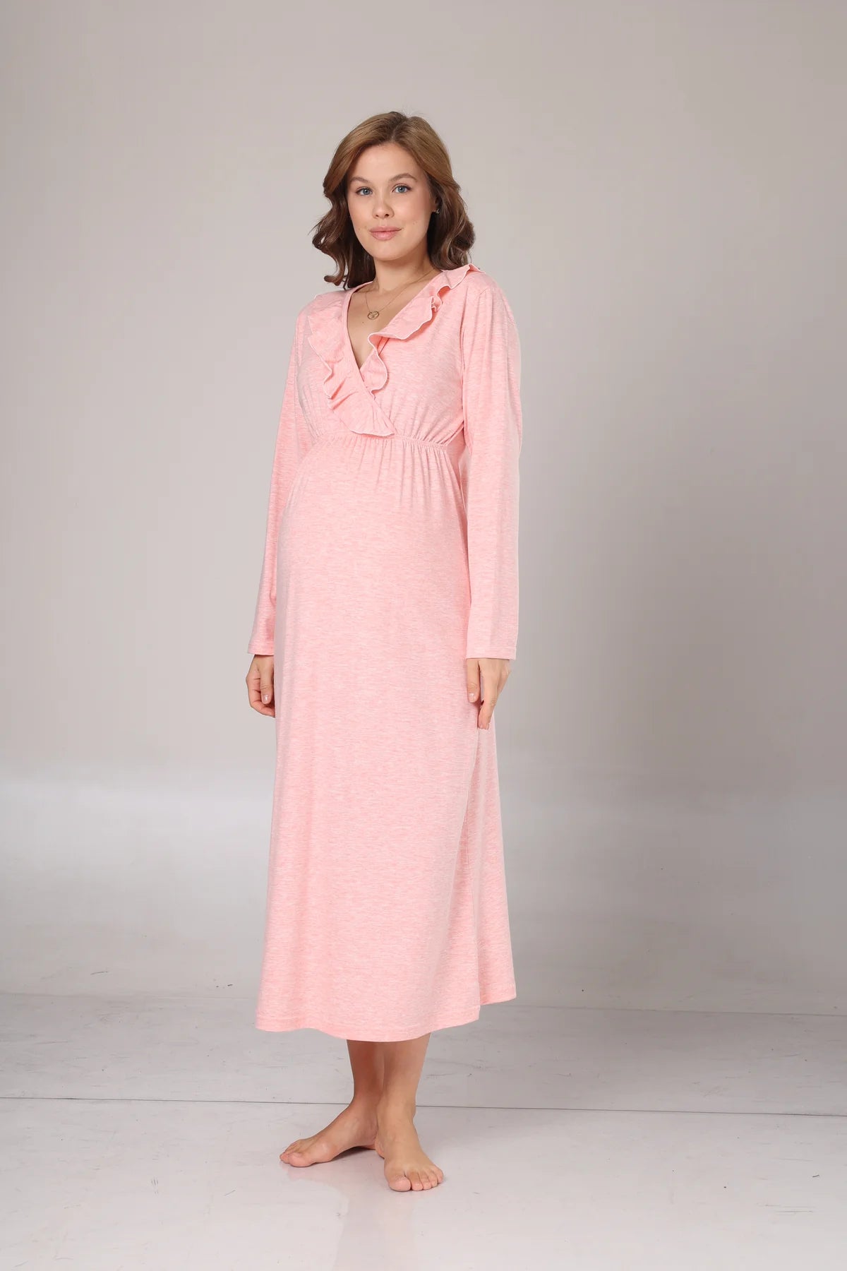 Uzun Kollu Yumuşak Dokulu Kruvaze Sabahlıklı Lohusa Gecelik Takımı Pembe-1028