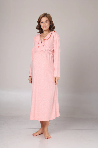 Uzun Kollu Yumuşak Dokulu Kruvaze Sabahlıklı Lohusa Gecelik Takımı Pembe-1028