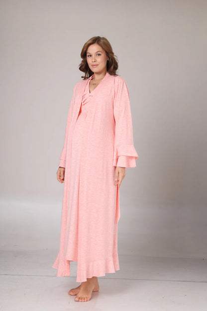 Uzun Kollu Yumuşak Dokulu Kruvaze Sabahlıklı Lohusa Gecelik Takımı Pembe-1028