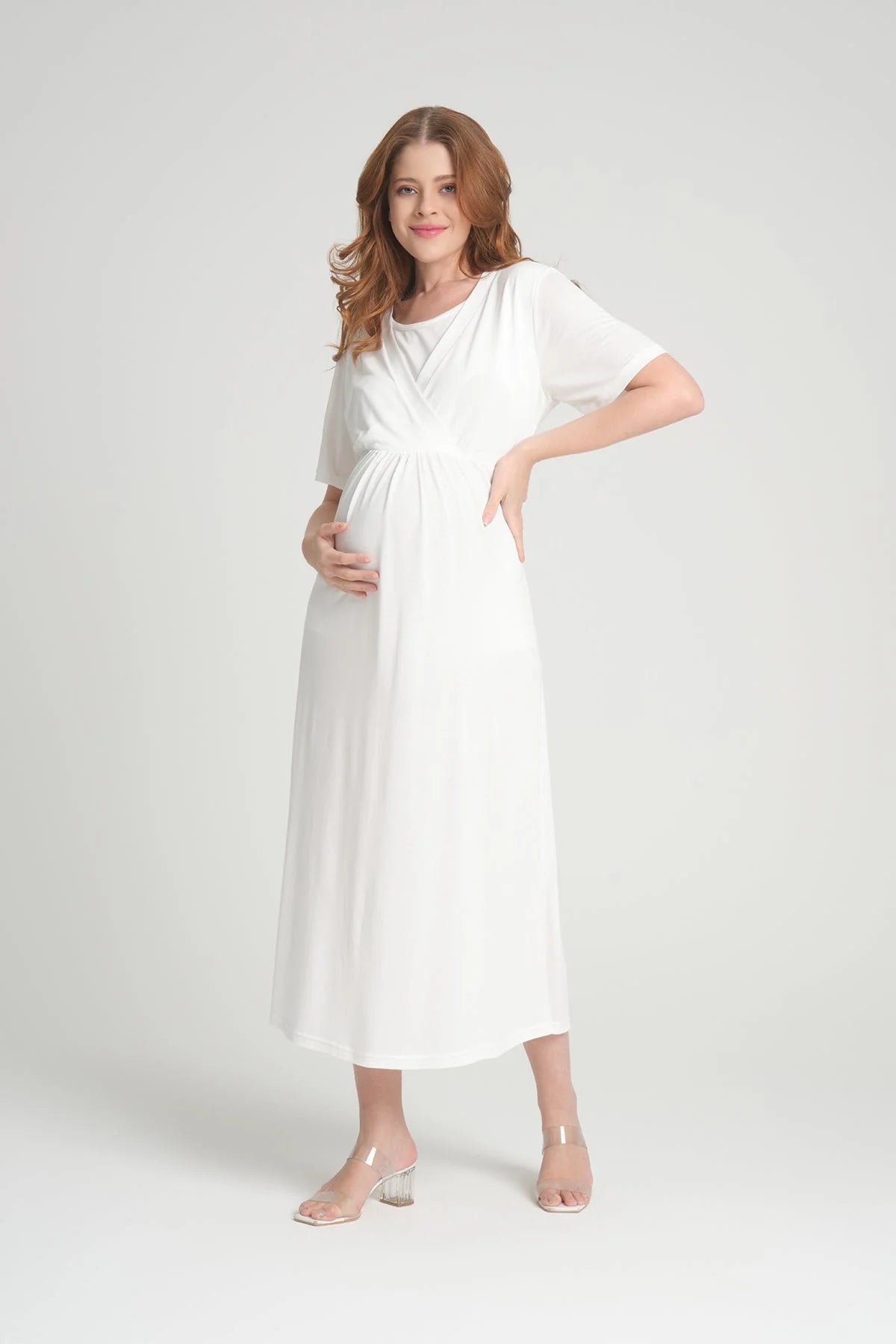 Yumuşak Dokulu Jakar Sabahlıklı Lohusa Hamile Gecelik Takımı Ekru - 541