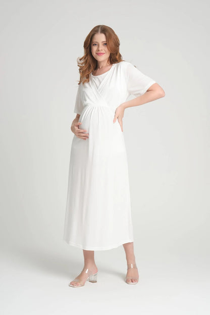 Yumuşak Dokulu Jakar Sabahlıklı Lohusa Hamile Gecelik Takımı Ekru - 541