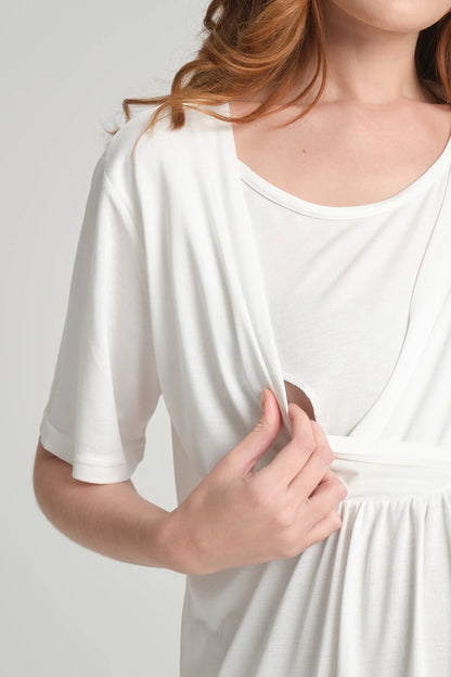 Yumuşak Dokulu Jakar Sabahlıklı Lohusa Hamile Gecelik Takımı Ekru - 541