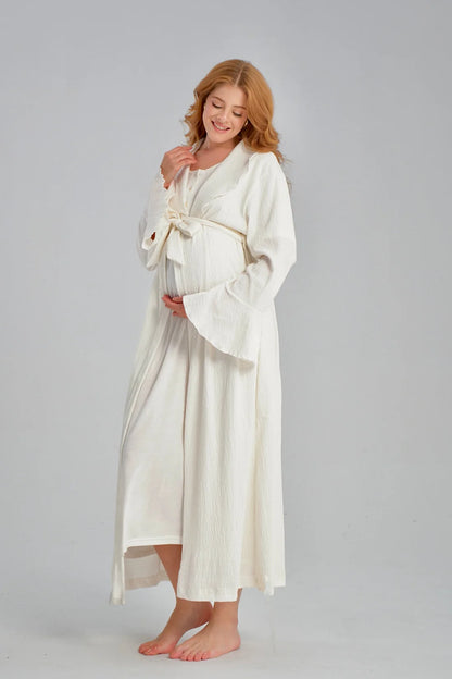 Yumuşak Dokulu Jakar Sabahlıklı Lohusa Hamile Gecelik Takımı Ekru - 541