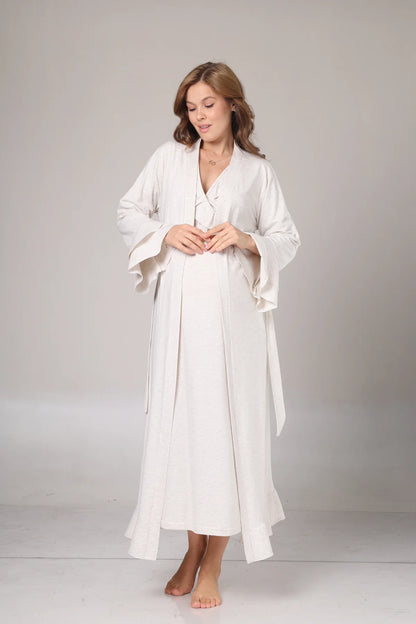 Uzun Kollu Yumuşak Dokulu Kruvaze Sabahlıklı Lohusa Hamile Gecelik Takımı  Bej Melanj-1026