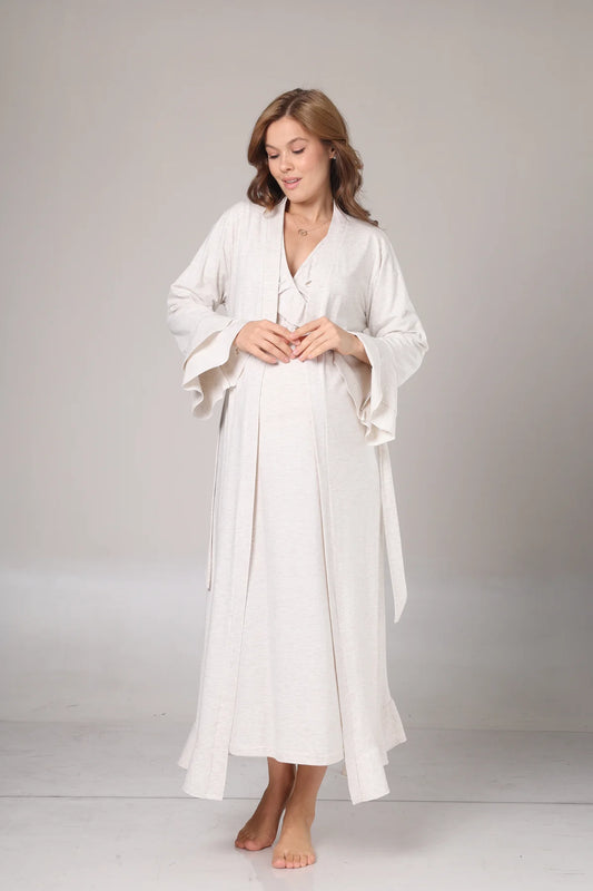 Uzun Kollu Yumuşak Dokulu Kruvaze Sabahlıklı Lohusa Hamile Gecelik Takımı  Bej Melanj-1026