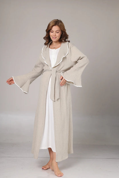 Kışlık Bej Krepon Dokulu Sabahlıklı Lohusa  Hamile Gecelik Takımı  Bej -1018