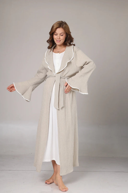 Kışlık Bej Krepon Dokulu Sabahlıklı Lohusa  Hamile Gecelik Takımı  Bej -1018