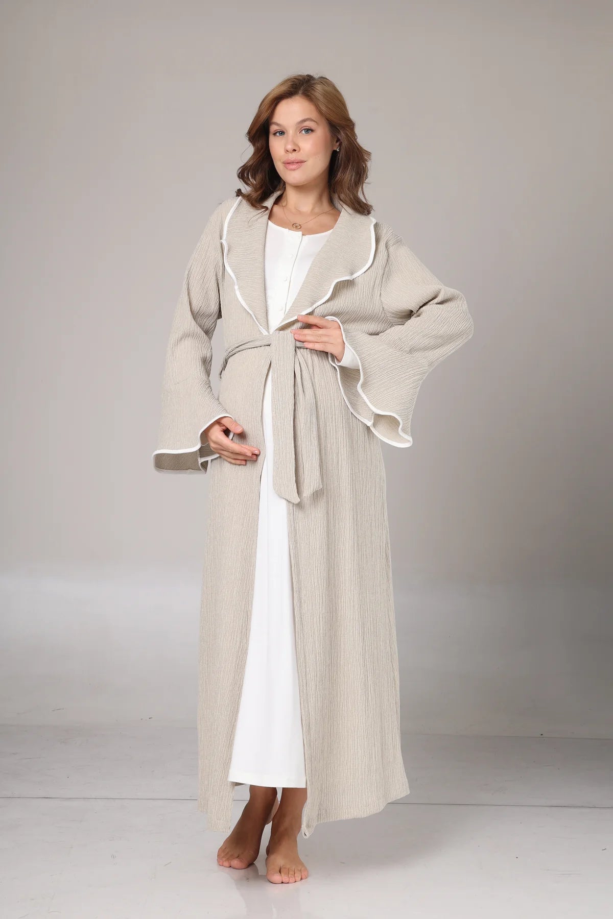 Kışlık Bej Krepon Dokulu Sabahlıklı Lohusa  Hamile Gecelik Takımı  Bej -1018