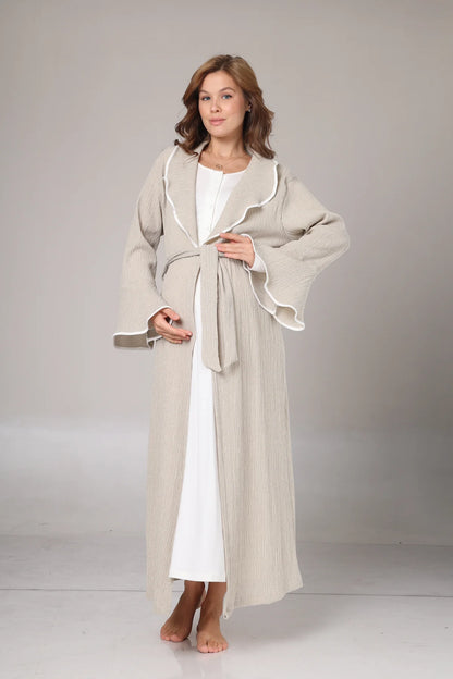 Kışlık Bej Krepon Dokulu Sabahlıklı Lohusa  Hamile Gecelik Takımı  Bej -1018