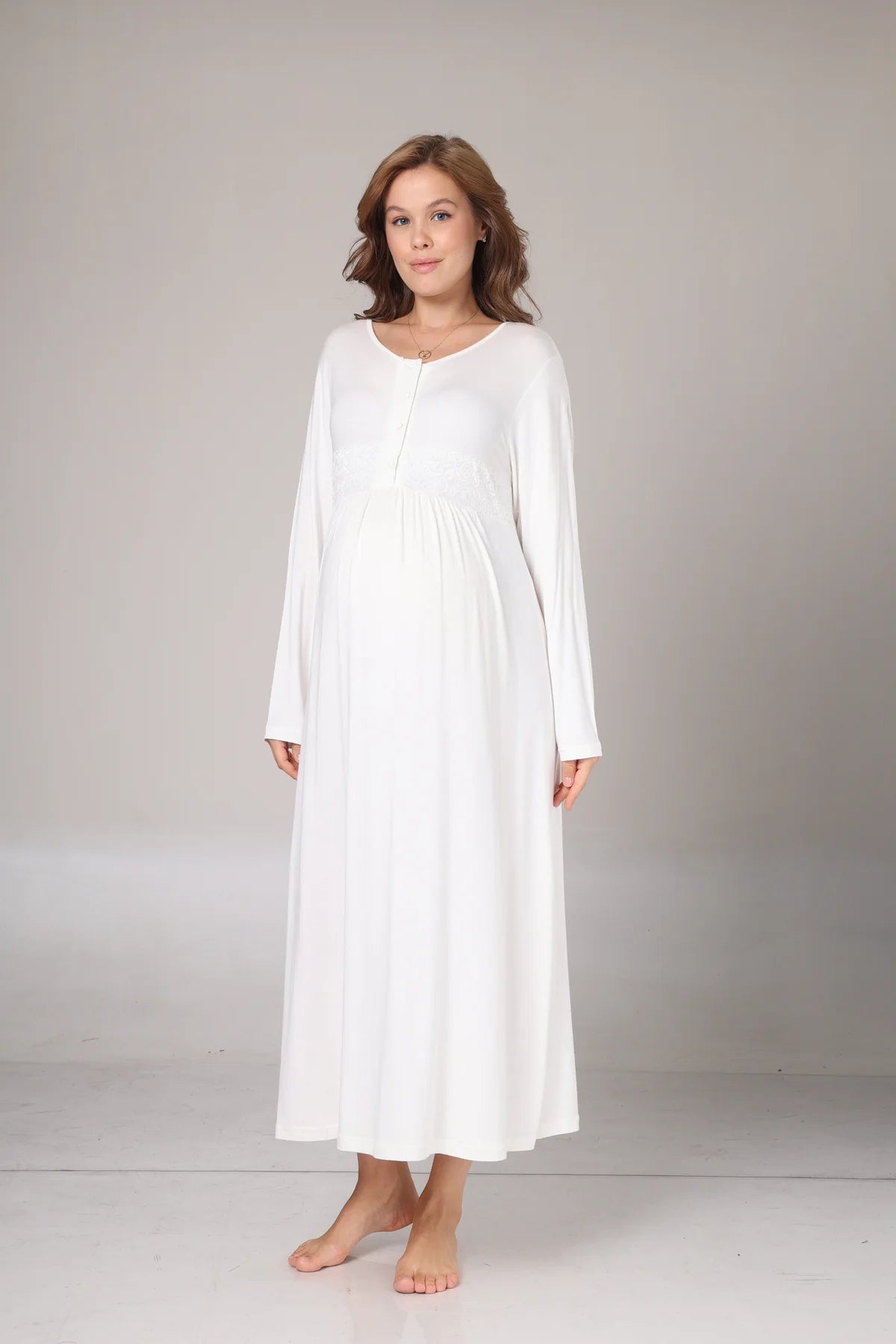 Kışlık Bej Krepon Dokulu Sabahlıklı Lohusa  Hamile Gecelik Takımı  Bej -1018