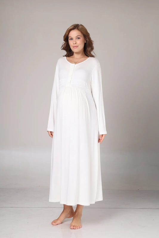 Kışlık Bej Krepon Dokulu Sabahlıklı Lohusa  Hamile Gecelik Takımı  Bej -1018