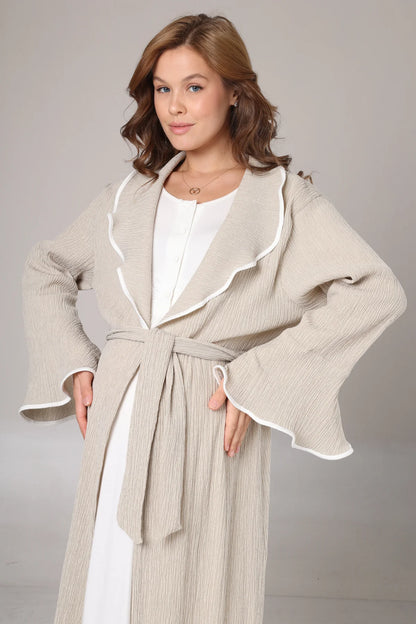 Kışlık Bej Krepon Dokulu Sabahlıklı Lohusa  Hamile Gecelik Takımı  Bej -1018